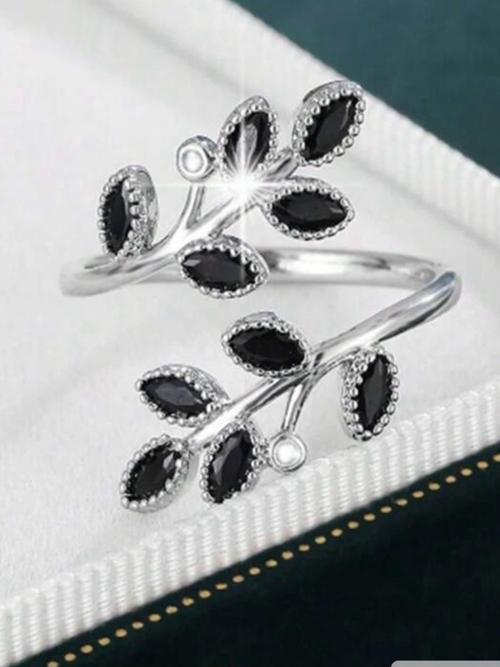 Silver Leaf Open Ring with Black Cubic Zirconia